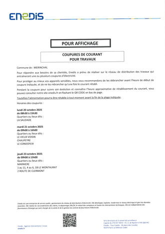 ENEDIS - COUPURE DE COURANT POUR TRAVAUX