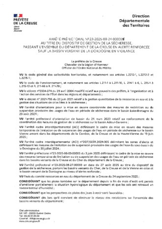 ARRETE SECHERESSE PASSAGE A ALERTE RENFORCEE