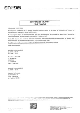 ENEDIS - COUPURES DE COURANT POUR TRAVAUX