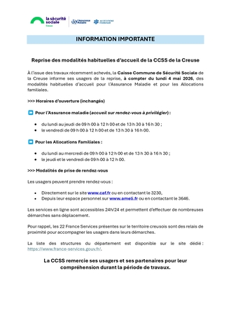 REPRISE DES MODALITES D'ACCUEIL CCSS DE LA CREUSE