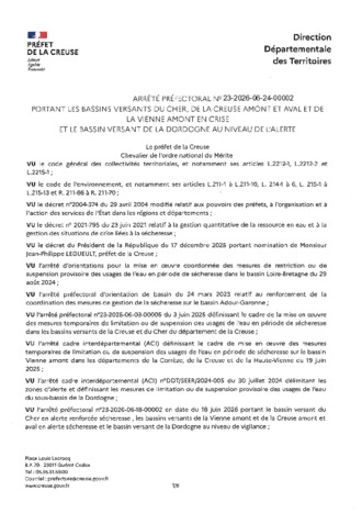 ARRETE PREFECTORAL SECHERESSE PASSAGE EN CRISE