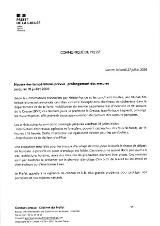 COMMUNIQUE DE PRESSE PROLONGEMENT DES MESURES