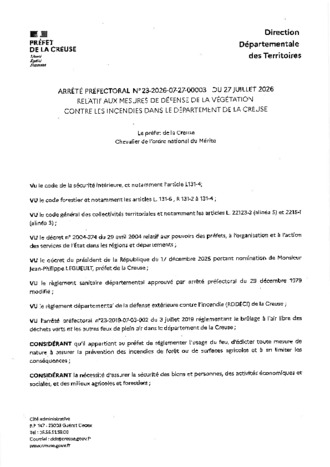 ARRETE PREFECTORAL CONTRE LES INCENDIES