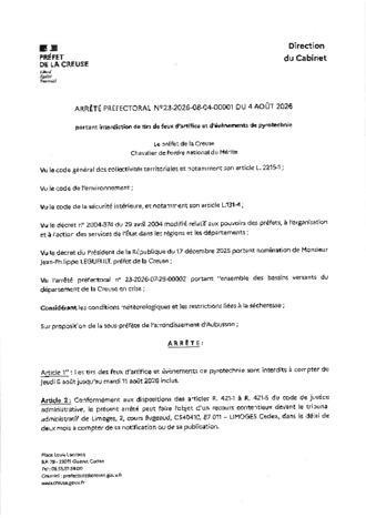 ARRETE PREFECTORAL PROLONGATION INTERDICTION TIRS FEUX D'ARTIFICE