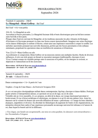 PROGRAMMATION SEPTEMBRE 2026 THEATRE HELIOS