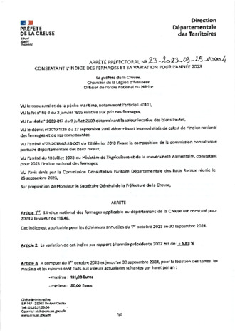 ARRÊTÉ PRÉFECTORAL INDICE FERMAGE ET VARIATION ANNEE 2023
