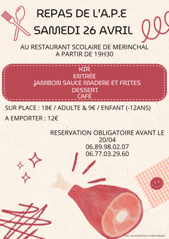 REPAS DE L'APE - SAMEDI 26 AVRIL