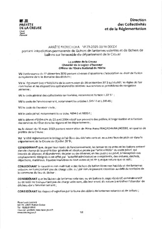 ARRETE PREFECTORAL INTERDICTION LACHERS DE LANTERNES ET BALLONS