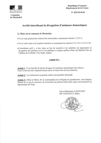 ARRETE INTERDISANT LA DIVAGATION D'ANIMAUX DOMESTIQUES