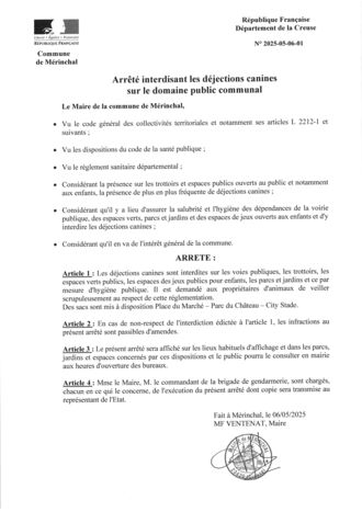 ARRETE  INTERDISANT LES DEJECTIONS CANINES SUR LE DOMAINE PUBLIC COMMUNAL