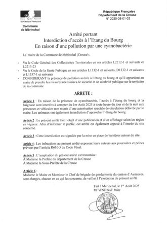 ARRETE INTERDICTION ACCES ETANG DU BOURG