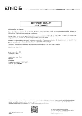 ENEDIS - COUPURES DE COURANT POUR TRAVAUX