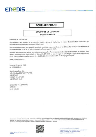 ENEDIS - COUPURE DE COURANT POUR TRAVAUX