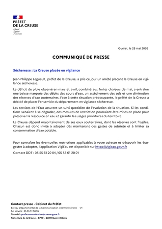 COMMUNIQUE DE PRESSE VIGILANCE SECHERESSE