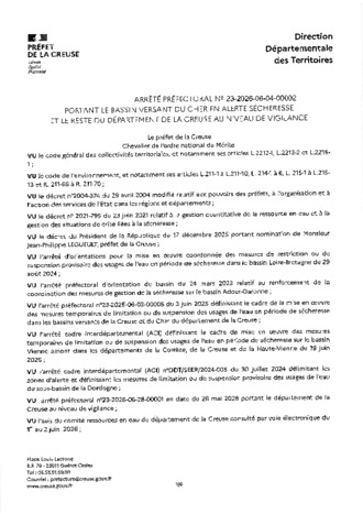 ARRETE PREFECTORAL ALERTE SECHERESSE