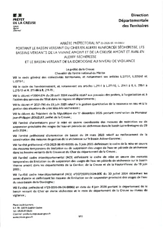 ARRETE PREFECTORAL ALERTE SECHERESSE RENFORCEE