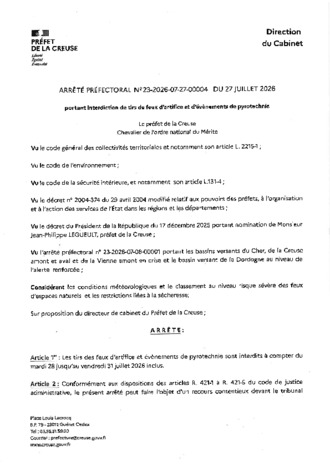 ARRETE PREFECTORAL INTERDITION TIRS FEUX D'ARTIFICE