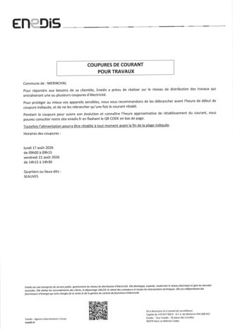 ENEDIS COUPURE DE COURANT POUR TRAVAUX