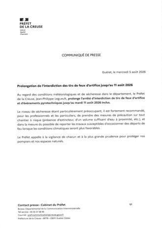 COMMUNIQUE DE PRESSE PROLONGATION INTERDICTION TIRS FEUX D'ARTIFICE
