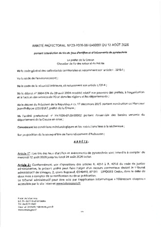 ARRETE PREFECTORAL PROLONGATION INTERDICTION TIRS FEUX D'ARTIFICE