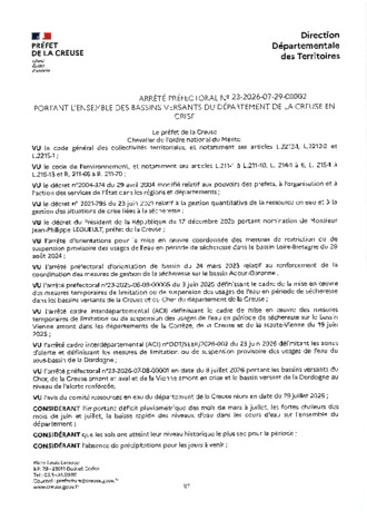 ARRETE PREFECTORAL SECHERESSE  EN CRISE