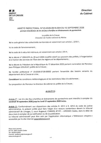 NOUVEL ARRETE PREFECTORAL INTERDICTION TIRS FEUX D'ARTIFICE