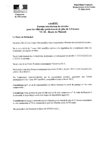 ARRETE PORTANT INTERDICTION CIRCULER PL DE + DE 3.5T ROUTE DU MAZAUD