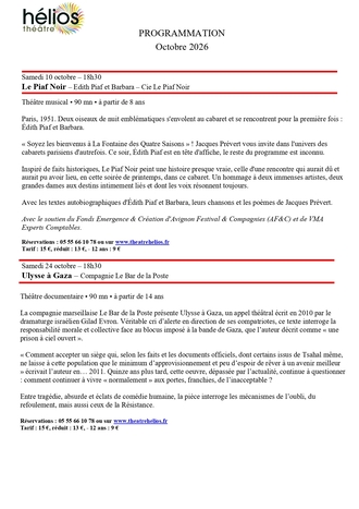 PROGRAMMATION OCTOBRE 2026 THEATRE HELIOS