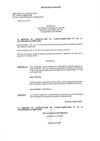 ARRETE : CALAMITE AGRICOLE EN CREUSE
